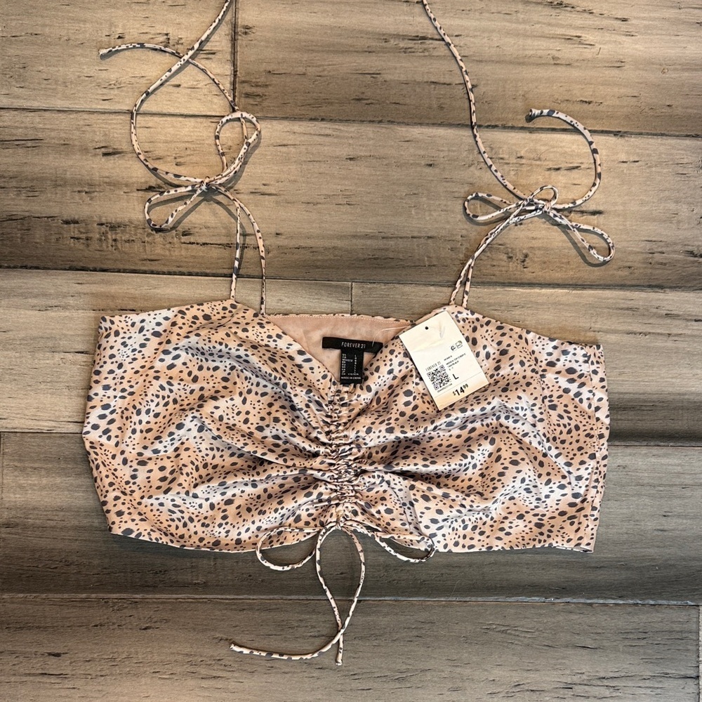 Forever 21 Cream Leopard Print Ruched Crop Top